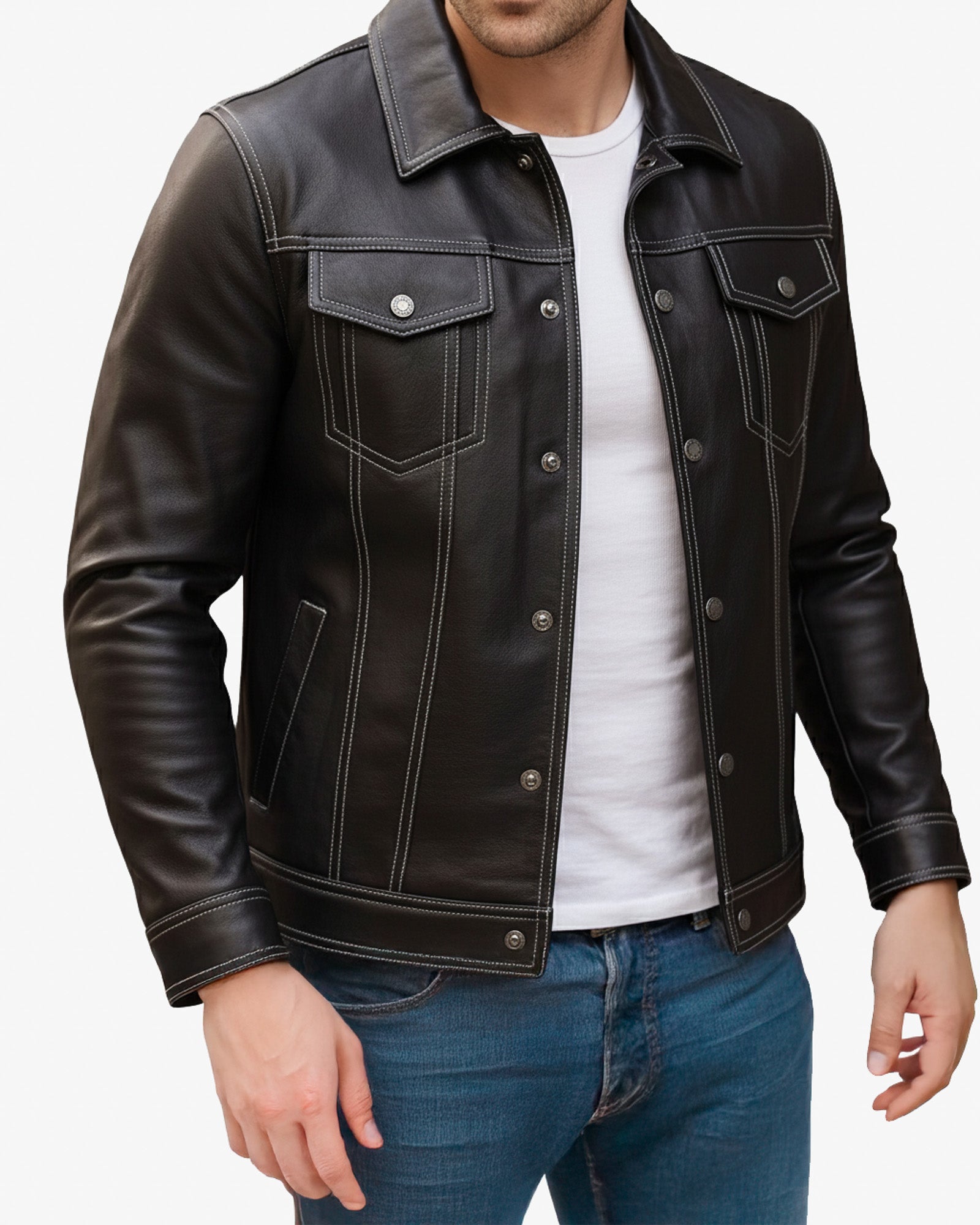 Verona – Black Leather Trucker Jacket for Men Verona – Black Leather Trucker Jacket for Men