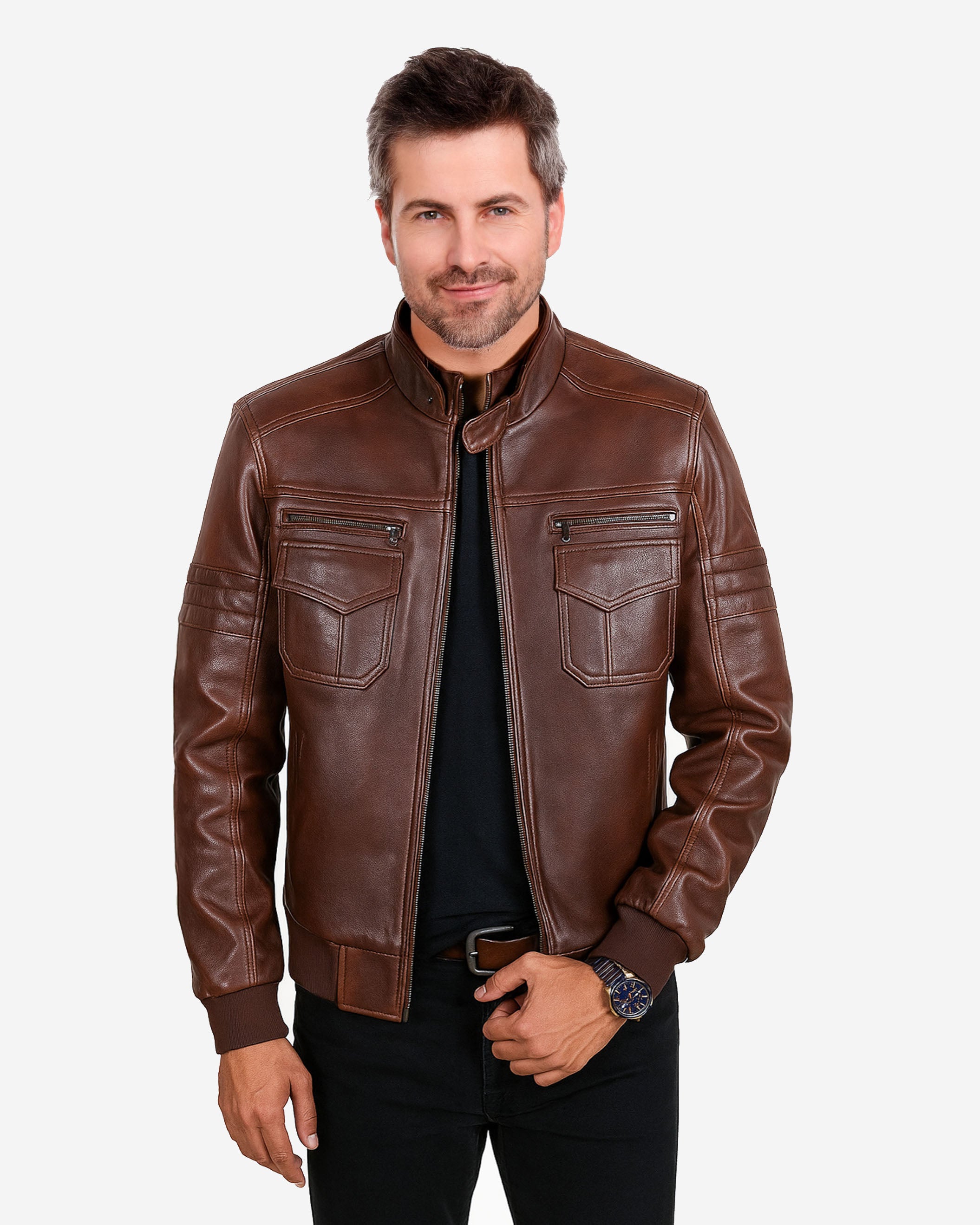 Treviso – Men’s Cognac Brown Leather Biker Jacket Treviso – Men’s Cognac Brown Leather Biker Jacket