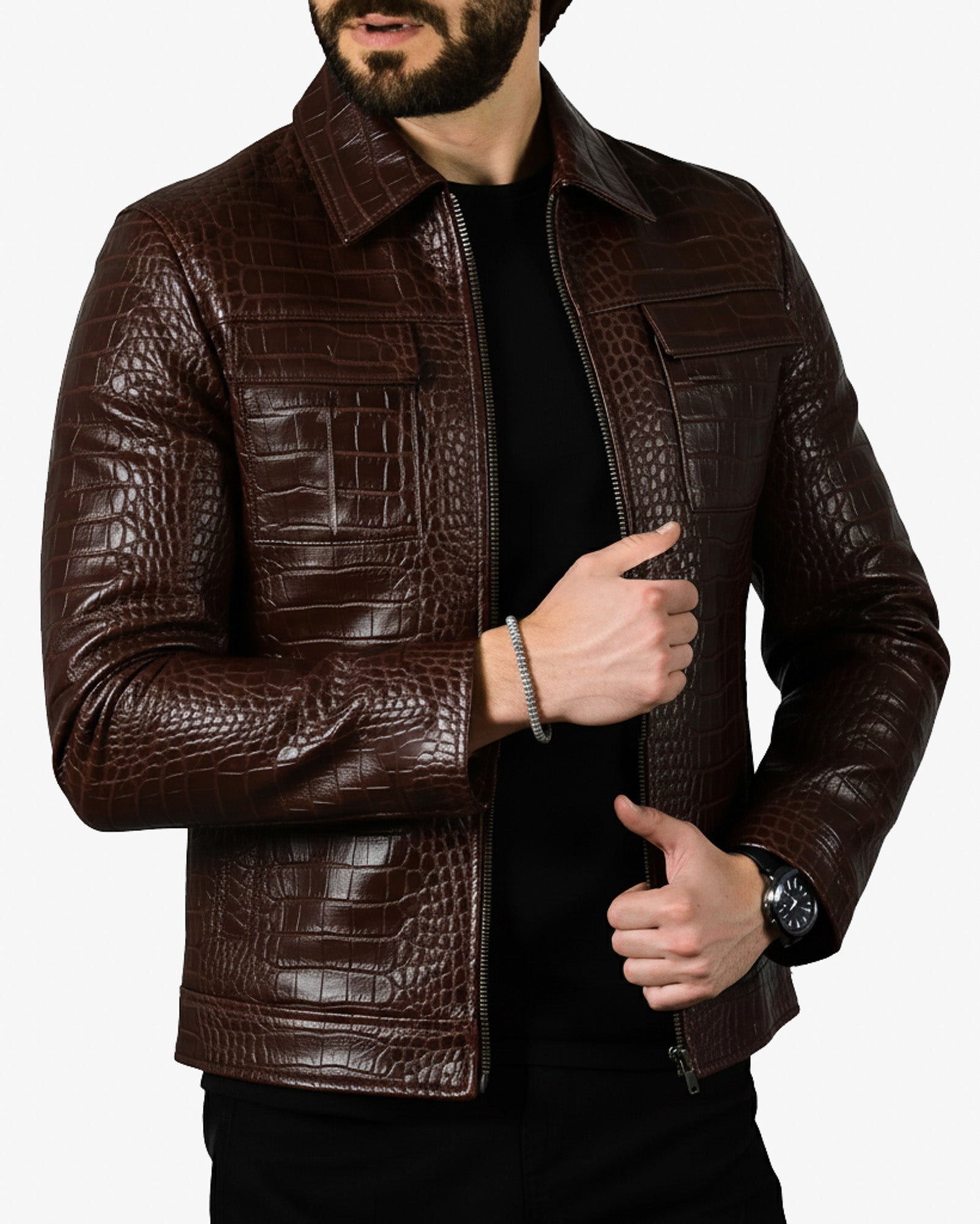 Orvieto - Men’s Brown Crocodile-Embossed Leather Jacket Orvieto - Men’s Brown Crocodile-Embossed Leather Jacket