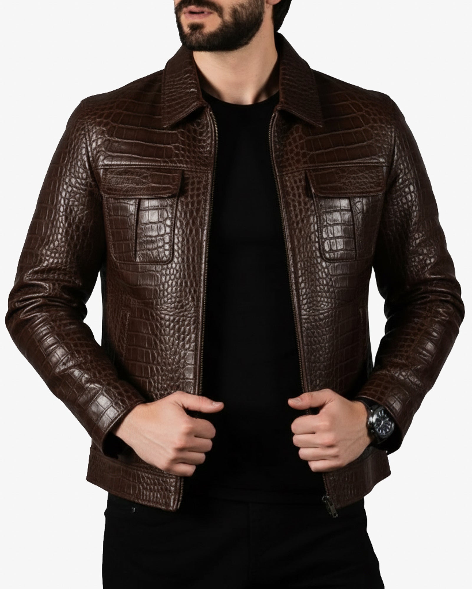 Orvieto - Men’s Brown Crocodile-Embossed Leather Jacket Orvieto - Men’s Brown Crocodile-Embossed Leather Jacket