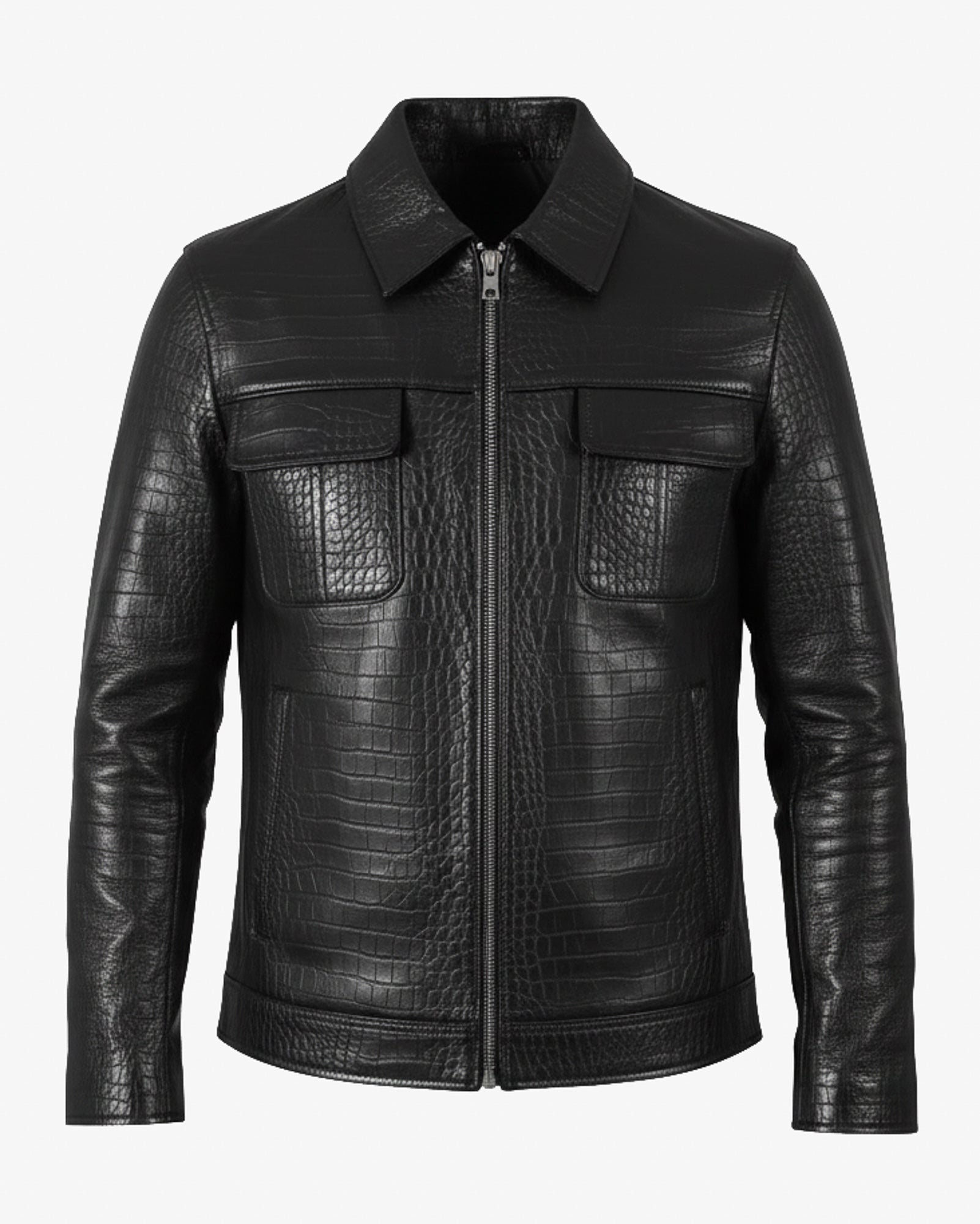 Bergamo - Men’s Black Crocodile-Embossed Leather Jacket Bergamo - Men’s Black Crocodile-Embossed Leather Jacket