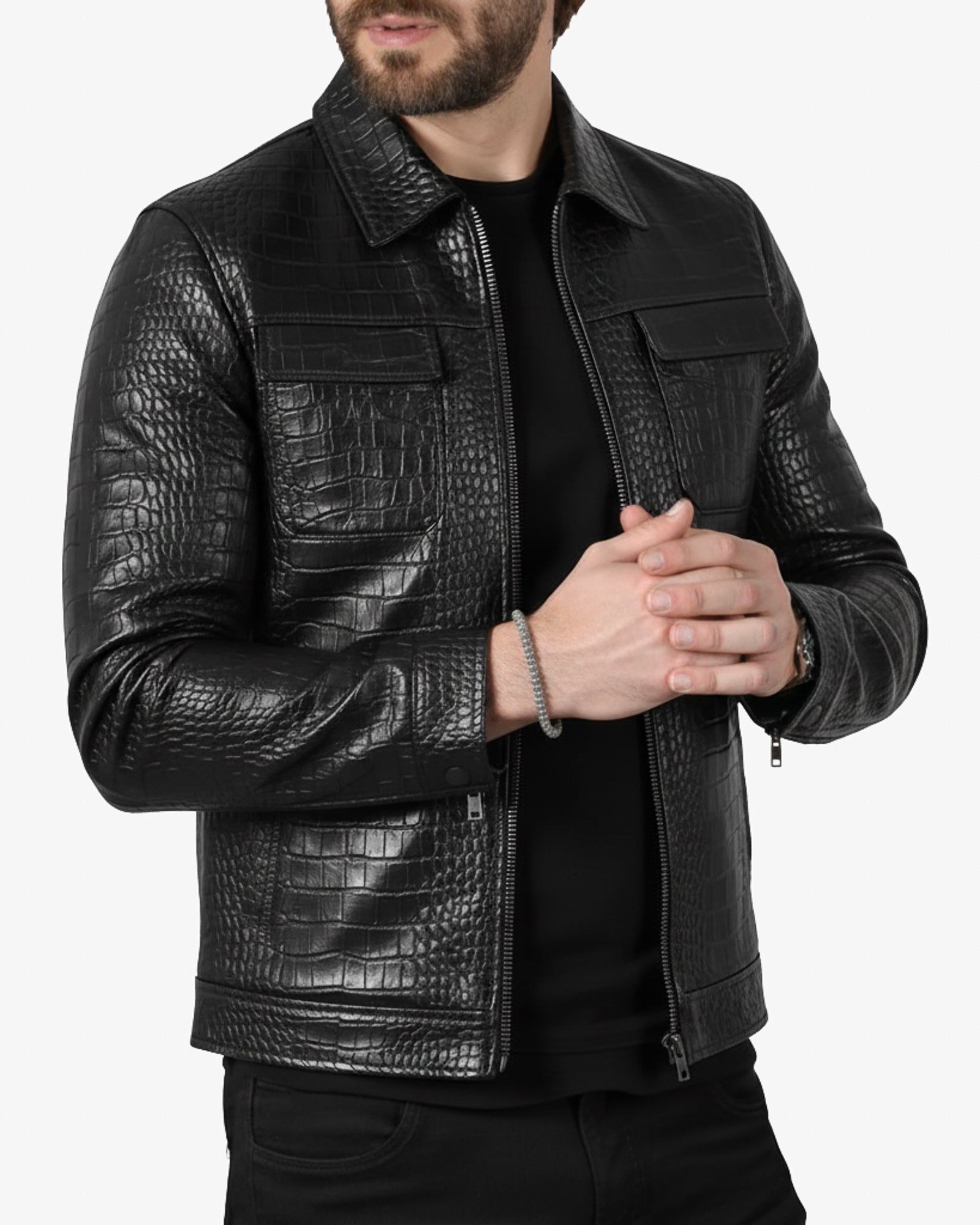 Bergamo - Men’s Black Crocodile-Embossed Leather Jacket Bergamo - Men’s Black Crocodile-Embossed Leather Jacket