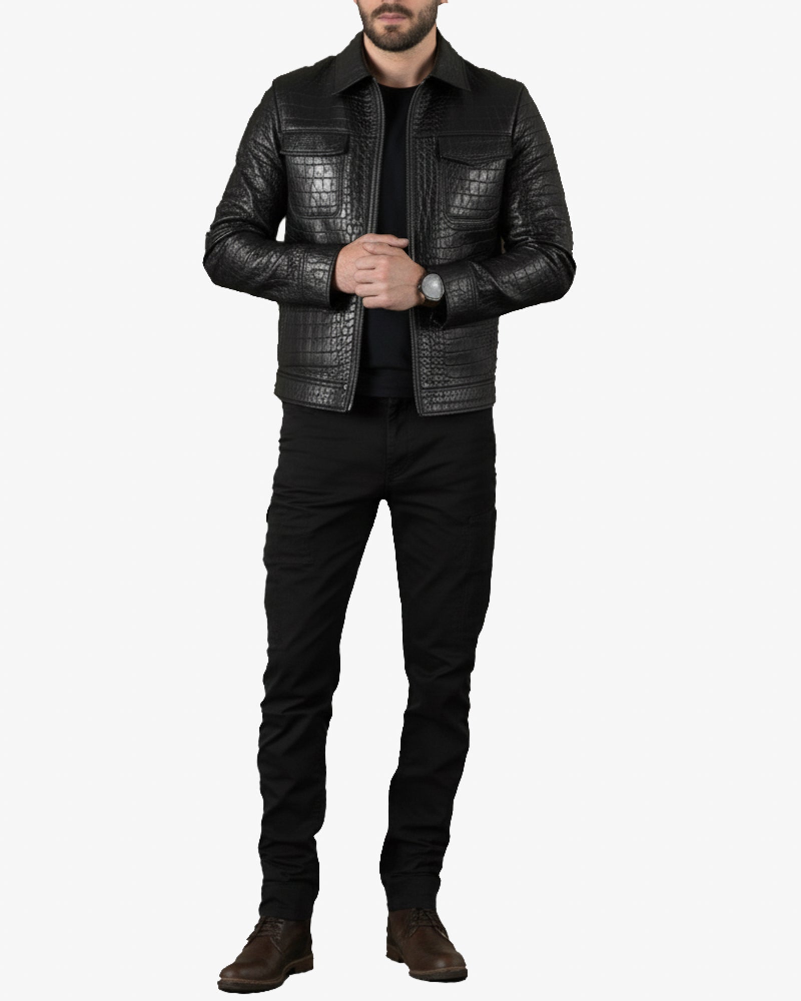 Bergamo - Men’s Black Crocodile-Embossed Leather Jacket Bergamo - Men’s Black Crocodile-Embossed Leather Jacket