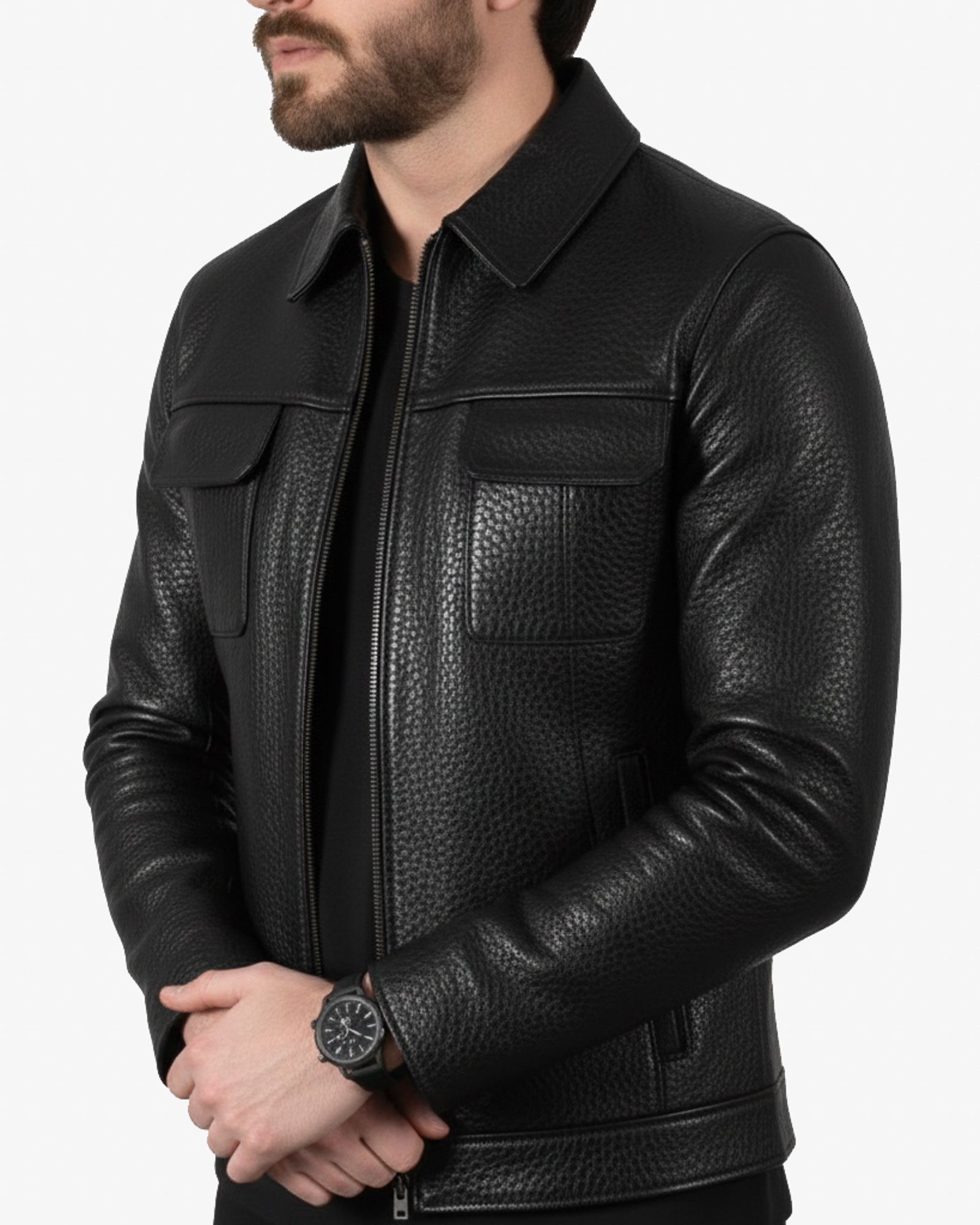 Monza – Men’s Black Crocodile-Embossed Leather Jacket Monza – Men’s Black Crocodile-Embossed Leather Jacket