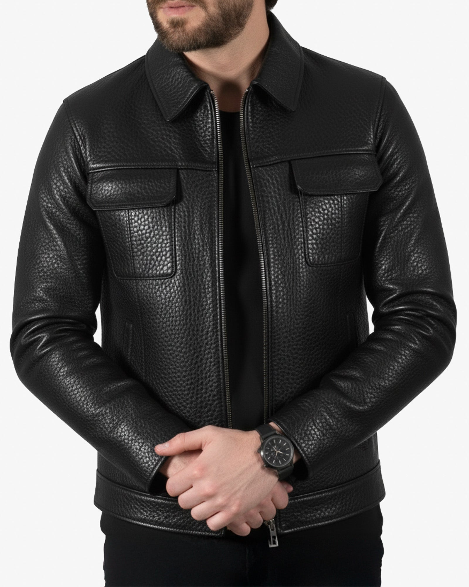 Monza – Men’s Black Crocodile-Embossed Leather Jacket Monza – Men’s Black Crocodile-Embossed Leather Jacket