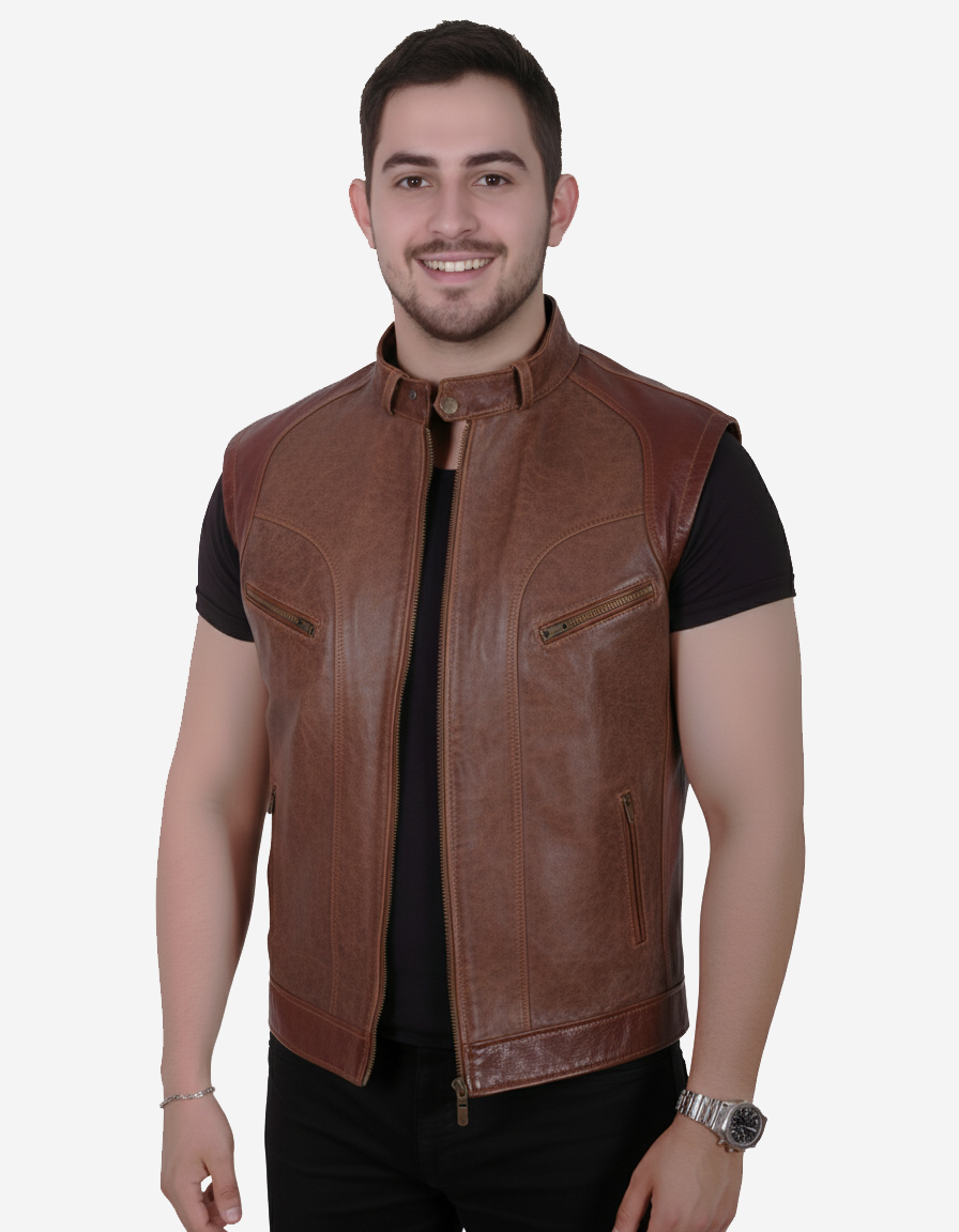 Ravenna – Classic Rustic Brown Leather Moto Vest for Men Ravenna – Classic Rustic Brown Leather Moto Vest for Men