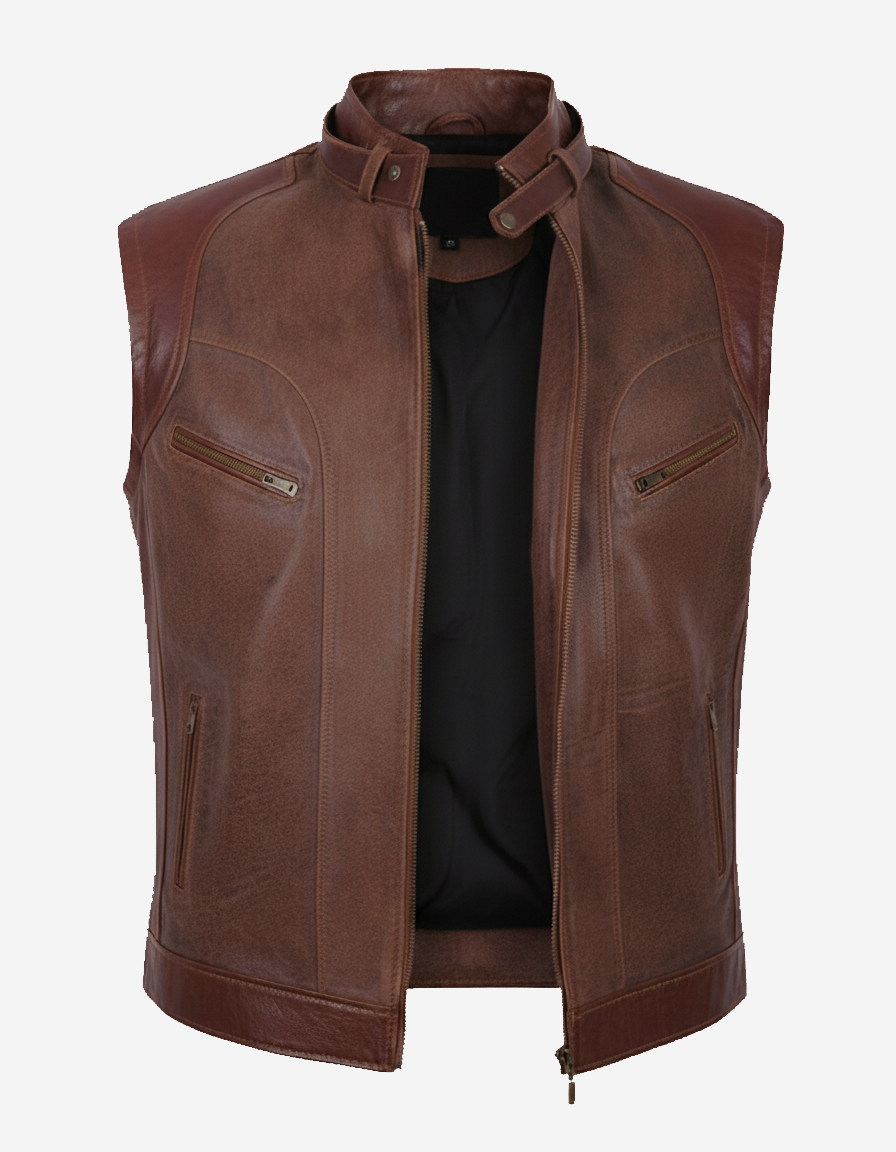 Ravenna – Classic Rustic Brown Leather Moto Vest for Men Ravenna – Classic Rustic Brown Leather Moto Vest for Men