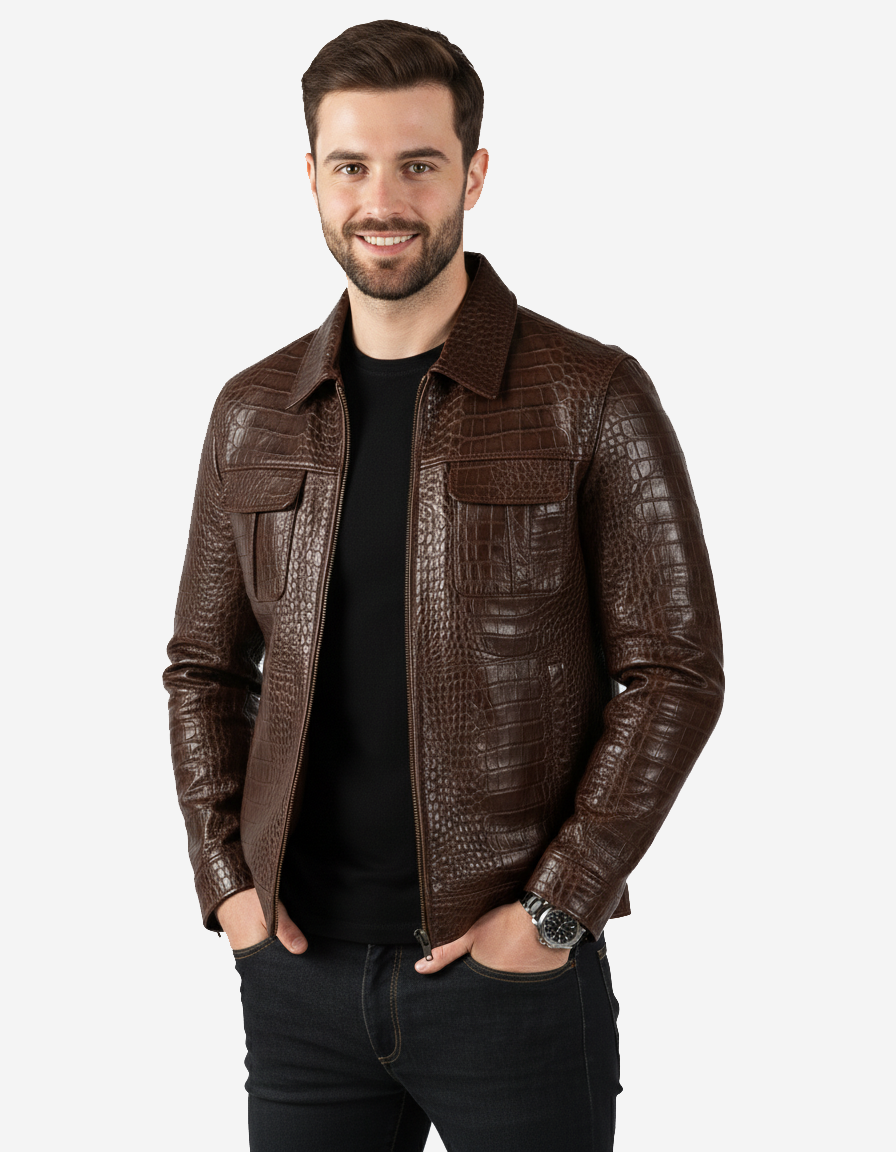Orvieto - Men’s Brown Crocodile-Embossed Leather Jacket Orvieto - Men’s Brown Crocodile-Embossed Leather Jacket