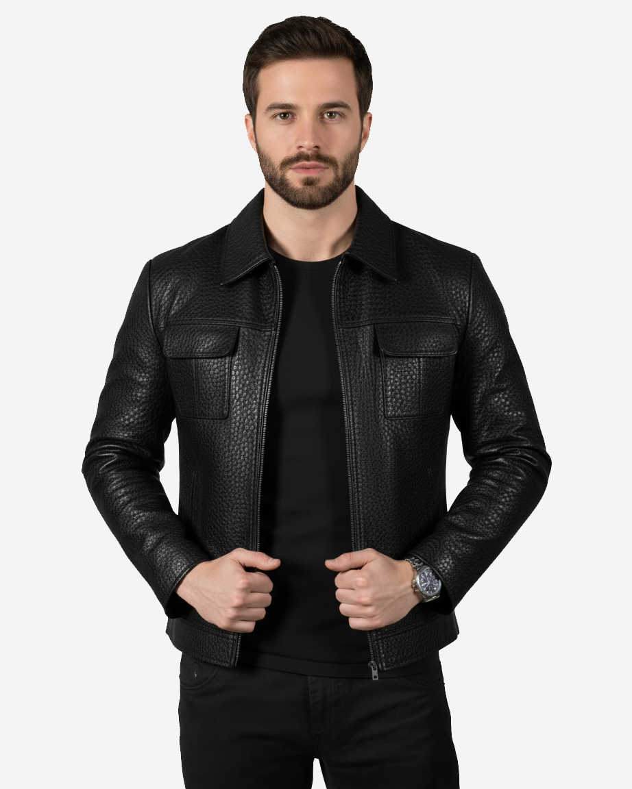 Monza – Men’s Black Crocodile-Embossed Leather Jacket Monza – Men’s Black Crocodile-Embossed Leather Jacket