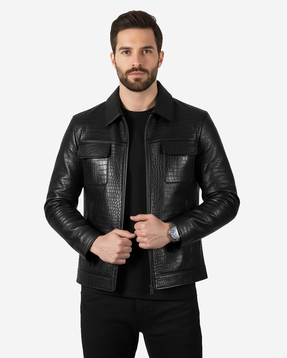 Bergamo - Men’s Black Crocodile-Embossed Leather Jacket Bergamo - Men’s Black Crocodile-Embossed Leather Jacket