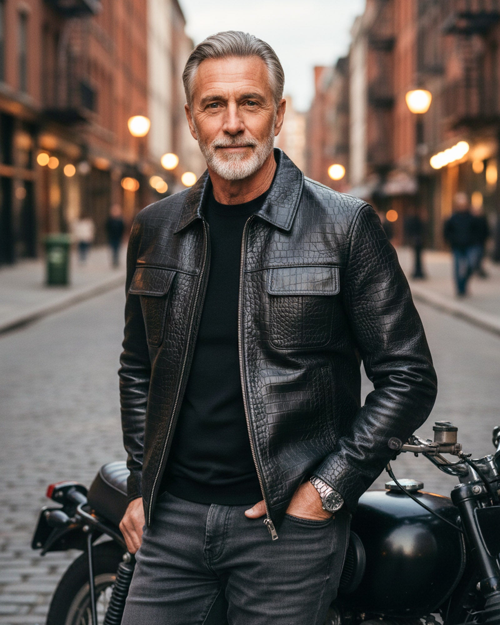 Bergamo - Men’s Black Crocodile-Embossed Leather Jacket Bergamo - Men’s Black Crocodile-Embossed Leather Jacket