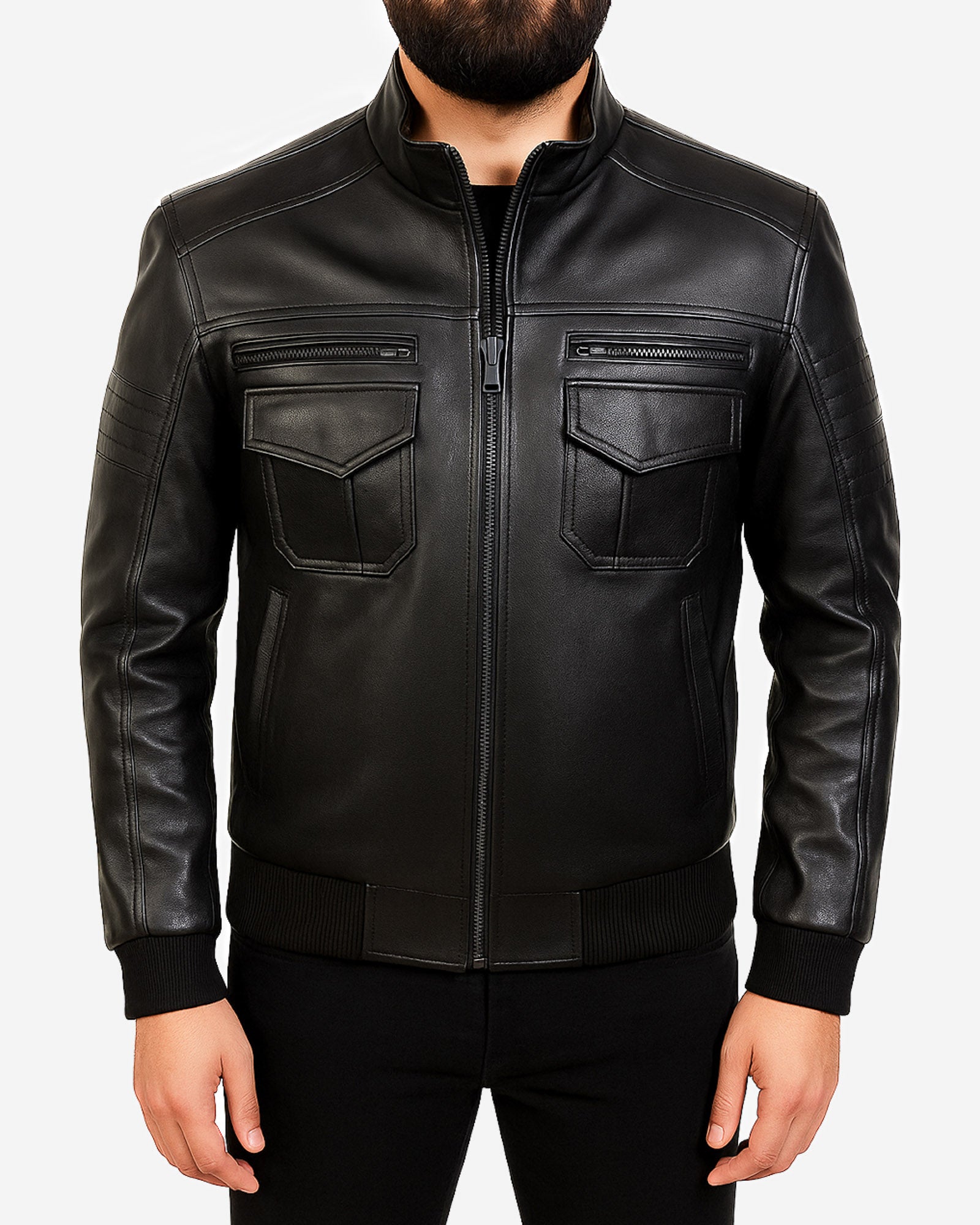 Obsidian black leather pilot jacket