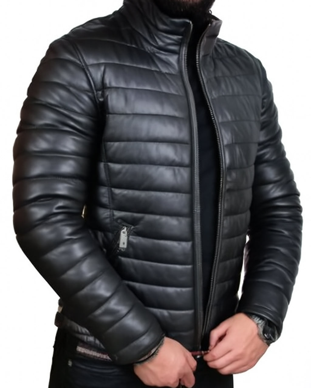 Black Leather Puffer Jacket for Men
