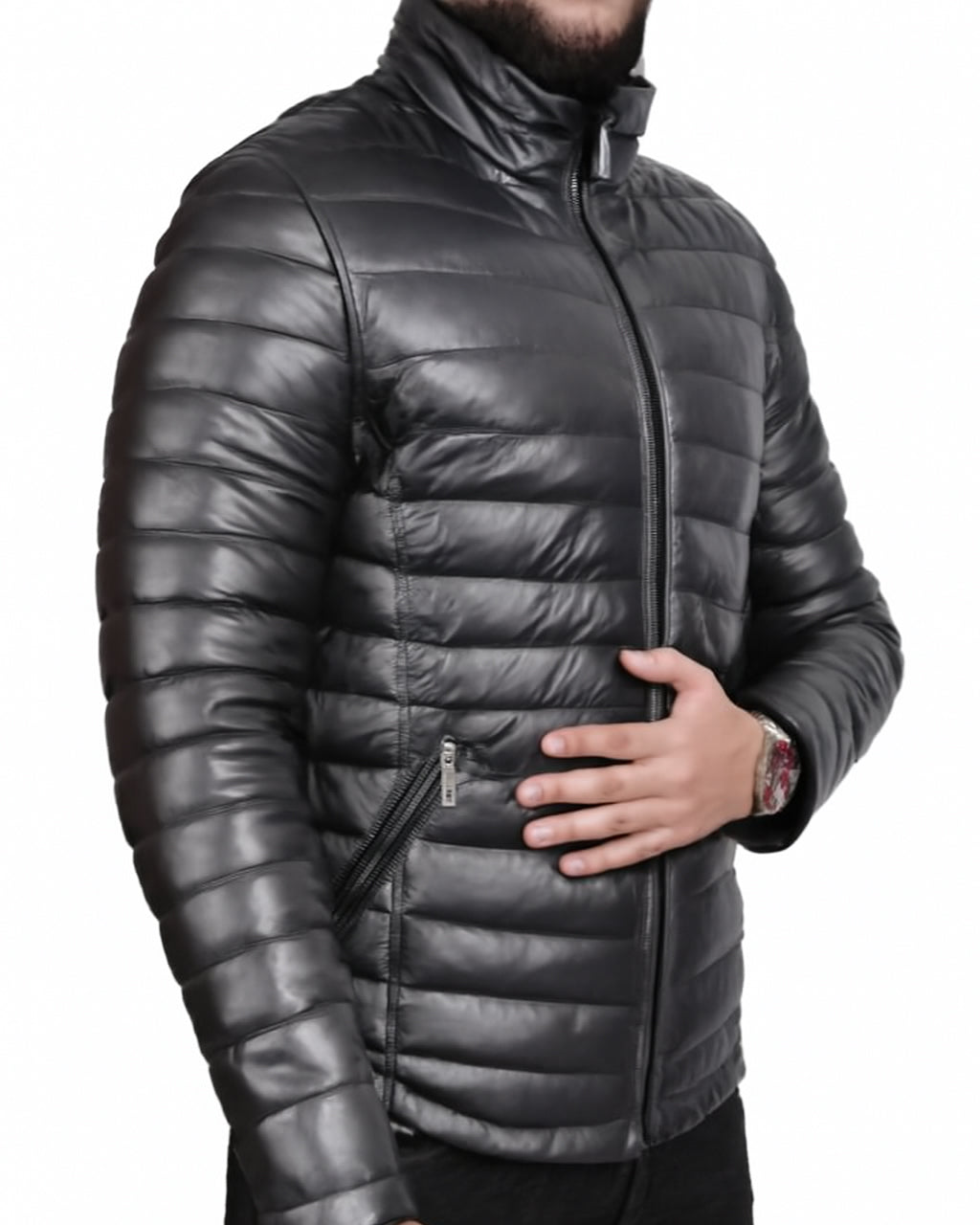 Black Leather Puffer Jacket for Men