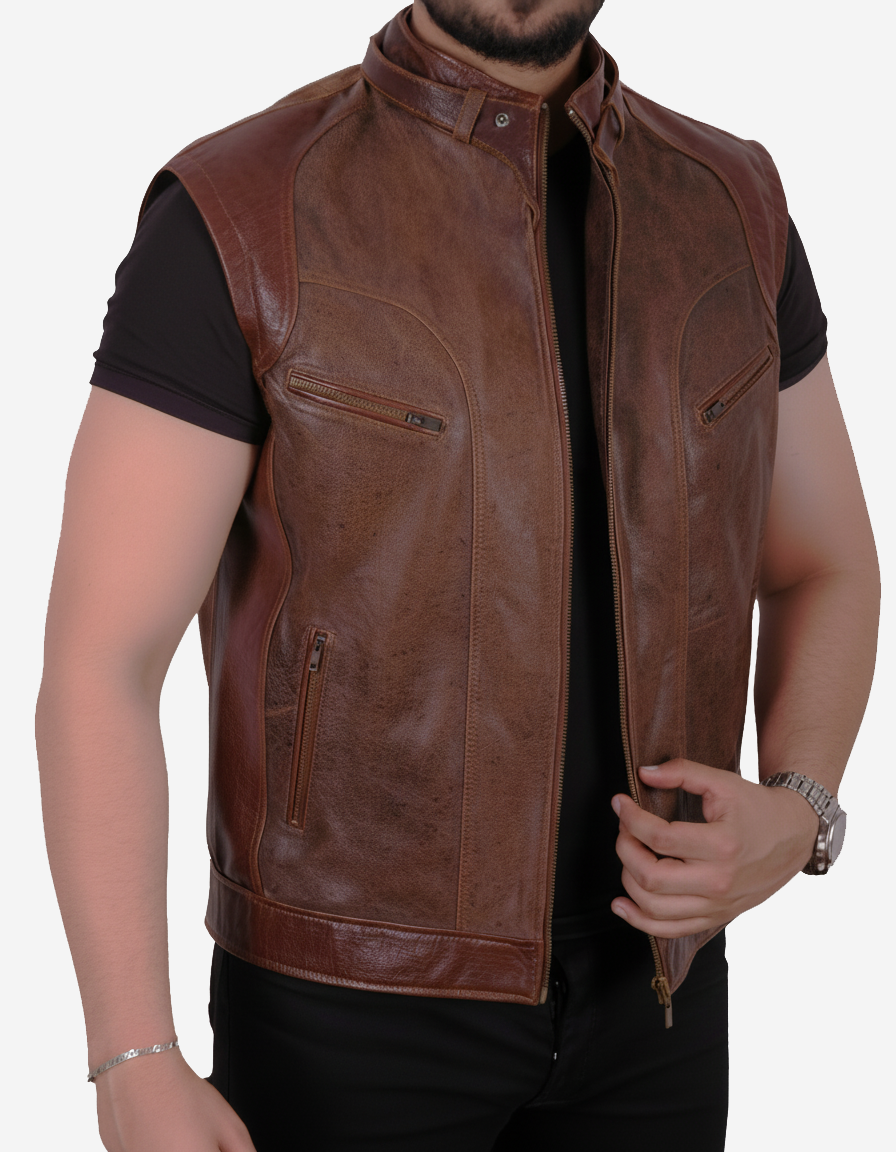 Ravenna – Classic Rustic Brown Leather Moto Vest for Men