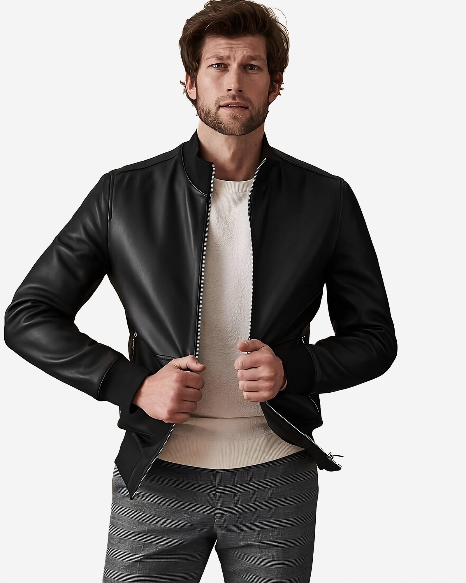 Minimalist Moto Leather Bomber Jacket
