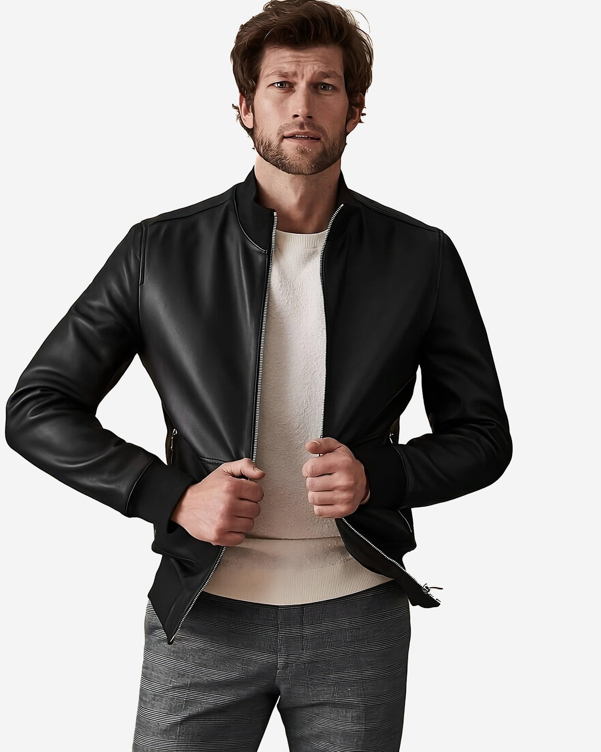 Minimalist Moto Leather Bomber Jacket